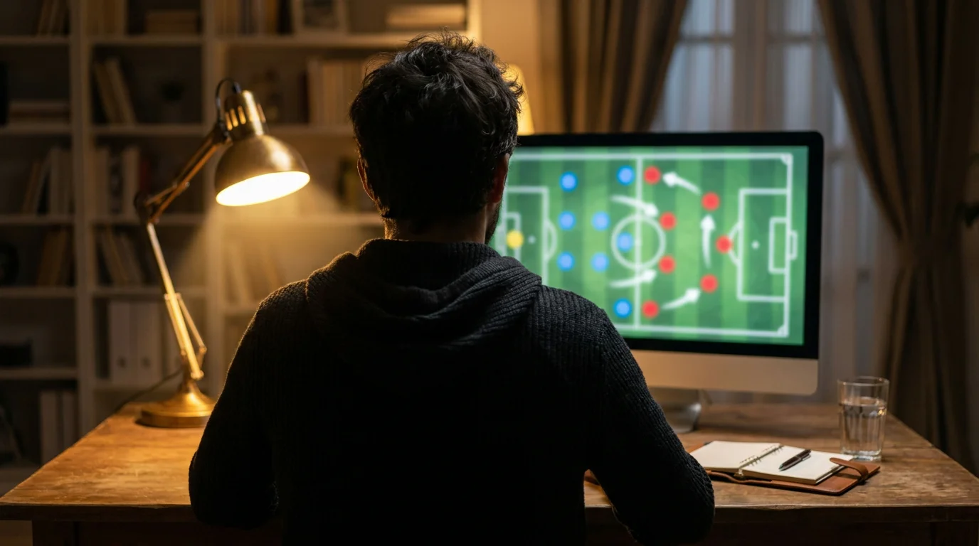 Analyste preparant un pronostic Ligue 1 avec des statistiques de match sur ecran