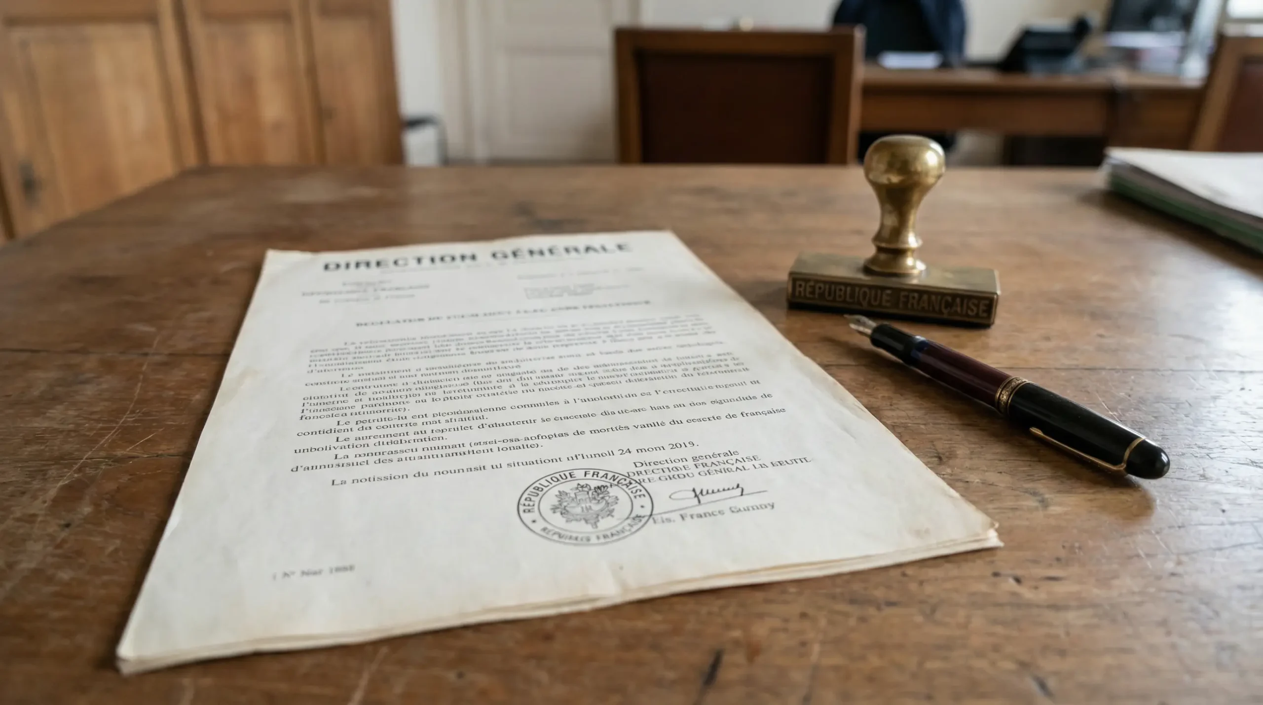 Document officiel de réglementation posé sur un bureau avec un tampon administratif