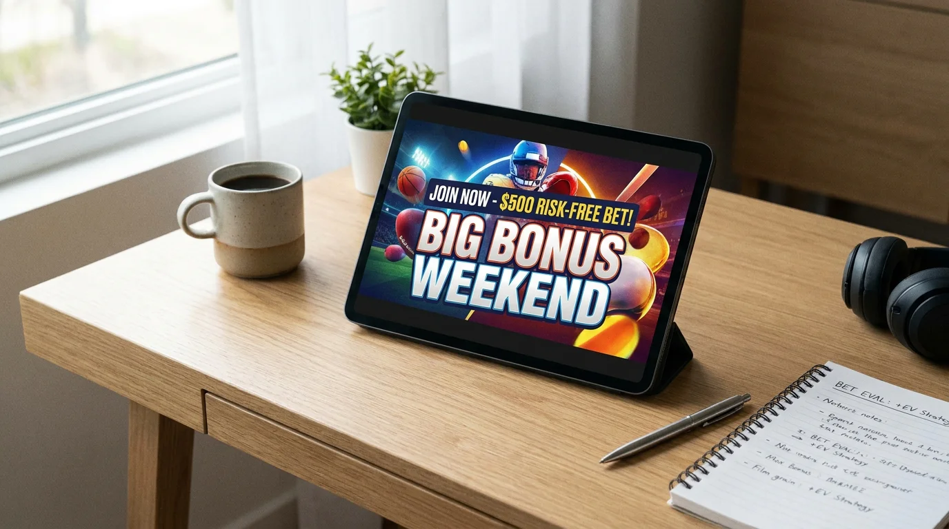 Offre promotionnelle de paris sportifs affichée sur un écran de tablette posée sur un bureau