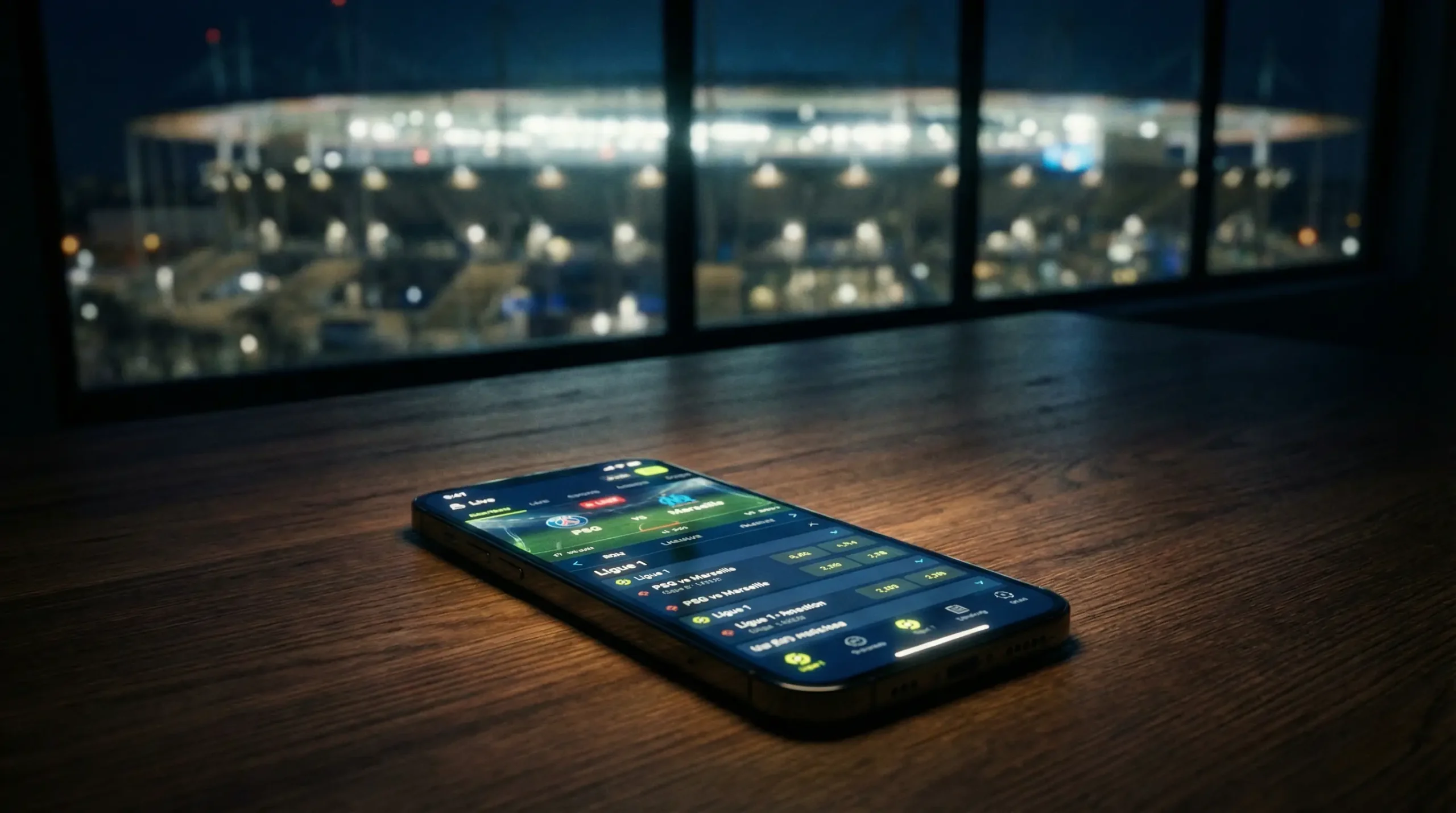 Smartphone posé sur une table montrant une application de paris sportifs avec un stade de football en arrière-plan