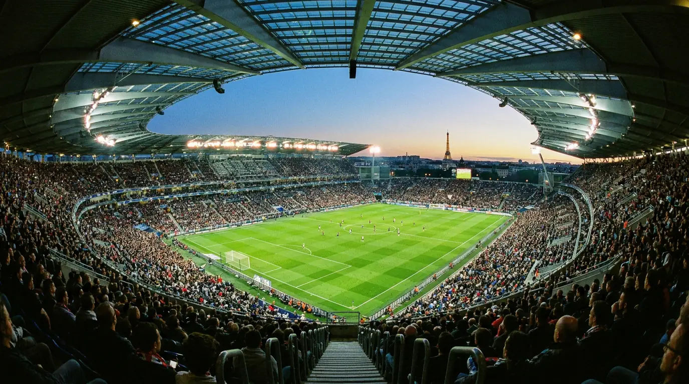 Pelouse d'un grand stade de football parisien vue depuis les tribunes supérieures