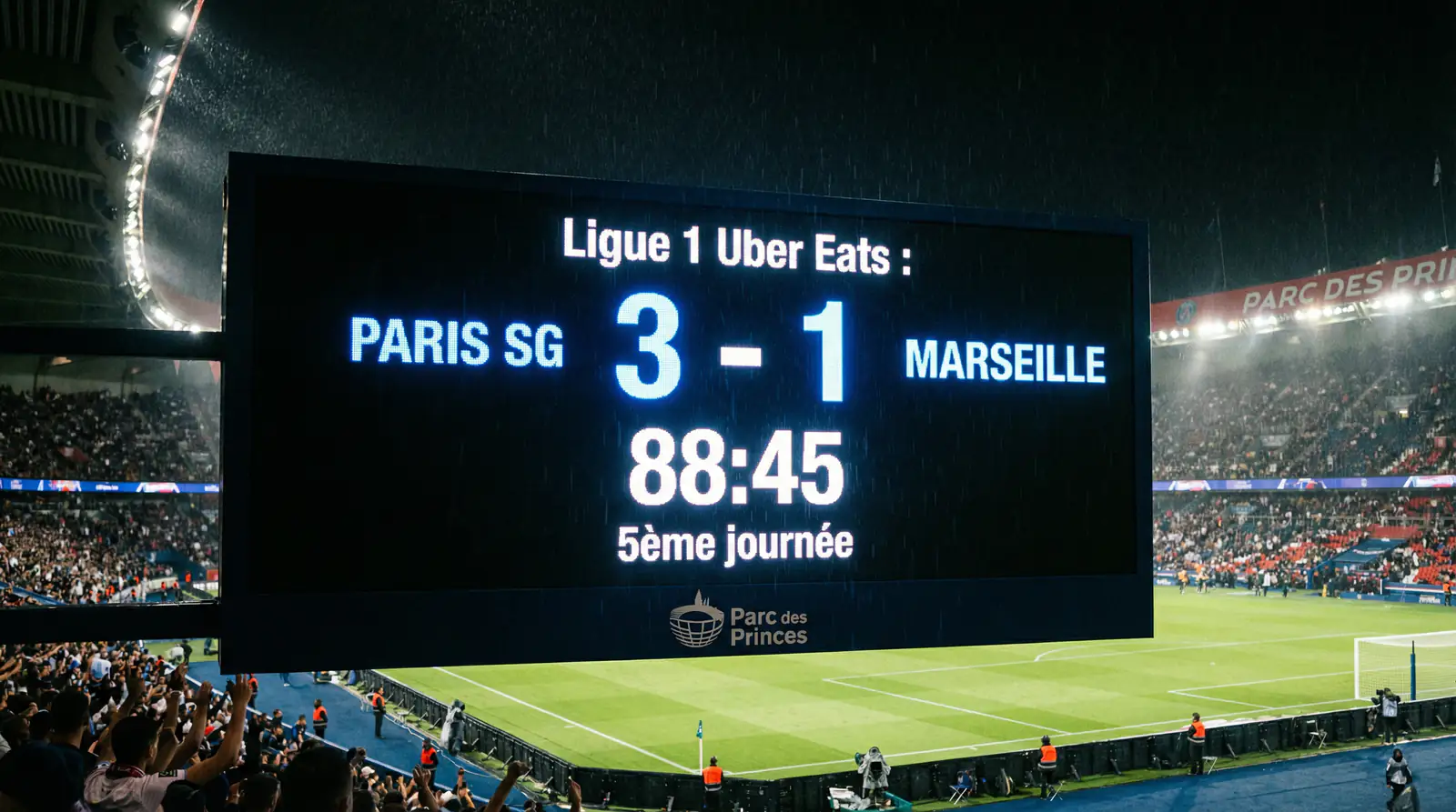 Tableau d'affichage lumineux dans un stade de football français montrant le score d'un match de Ligue 1