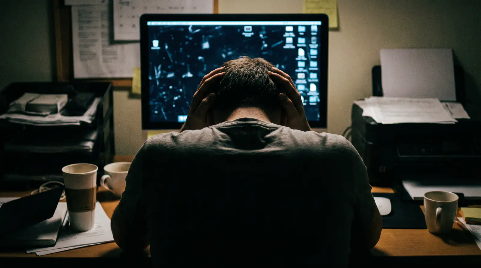Personne assise seule devant un écran d'ordinateur avec les mains sur la tête en signe de frustration