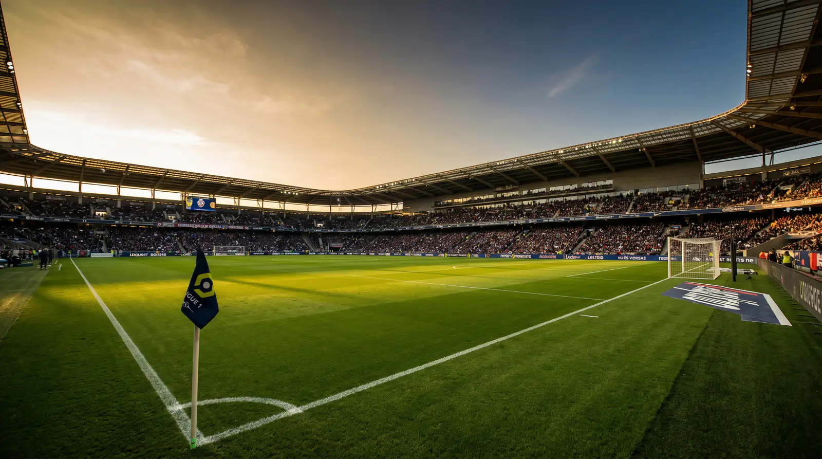 Pelouse d'un stade de Ligue 1 avant le coup d'envoi d'un match de la saison 2025-2026