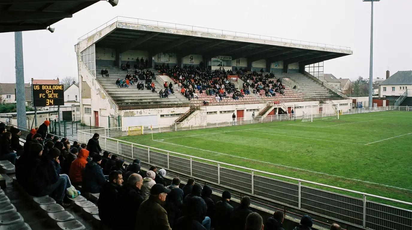 Petit stade de football français à moitié vide symbolisant les difficultés des clubs menacés de relégation
