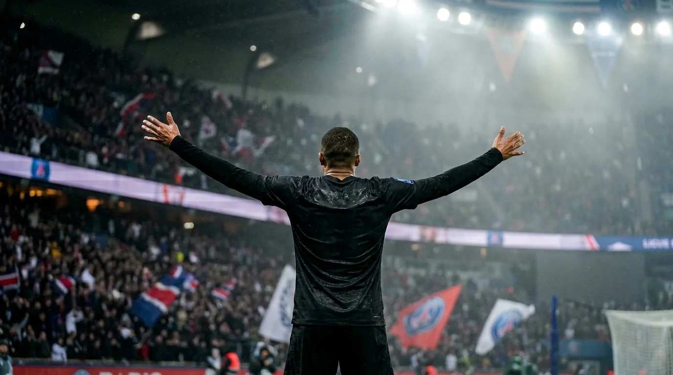 Attaquant de football célébrant un but dans un stade de Ligue 1