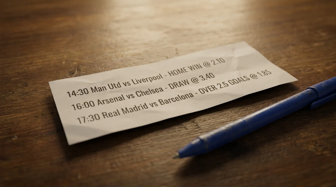 Ticket de pari sportif imprimé posé sur une table à côté d'un stylo avec plusieurs sélections de matchs