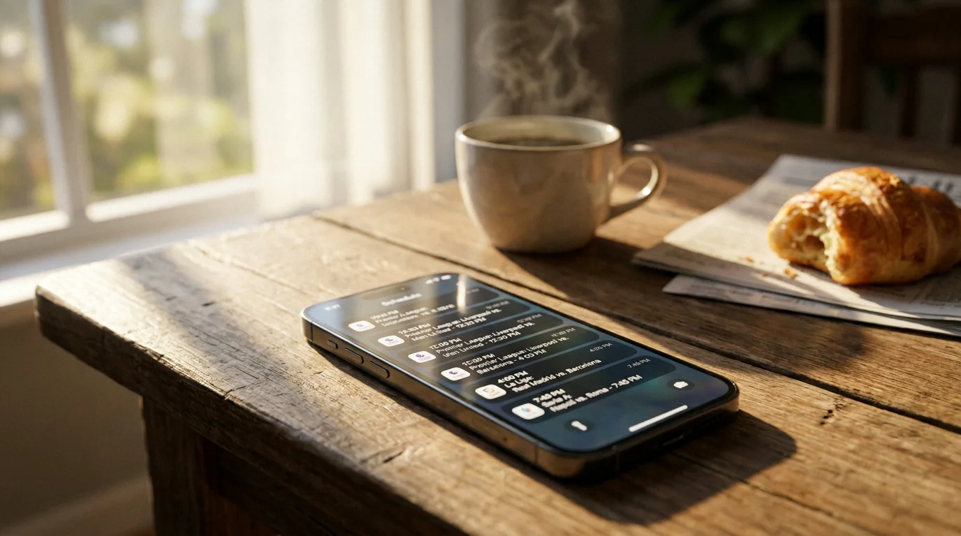 Smartphone posé sur une table le matin avec notifications de matchs de Ligue 1 du jour