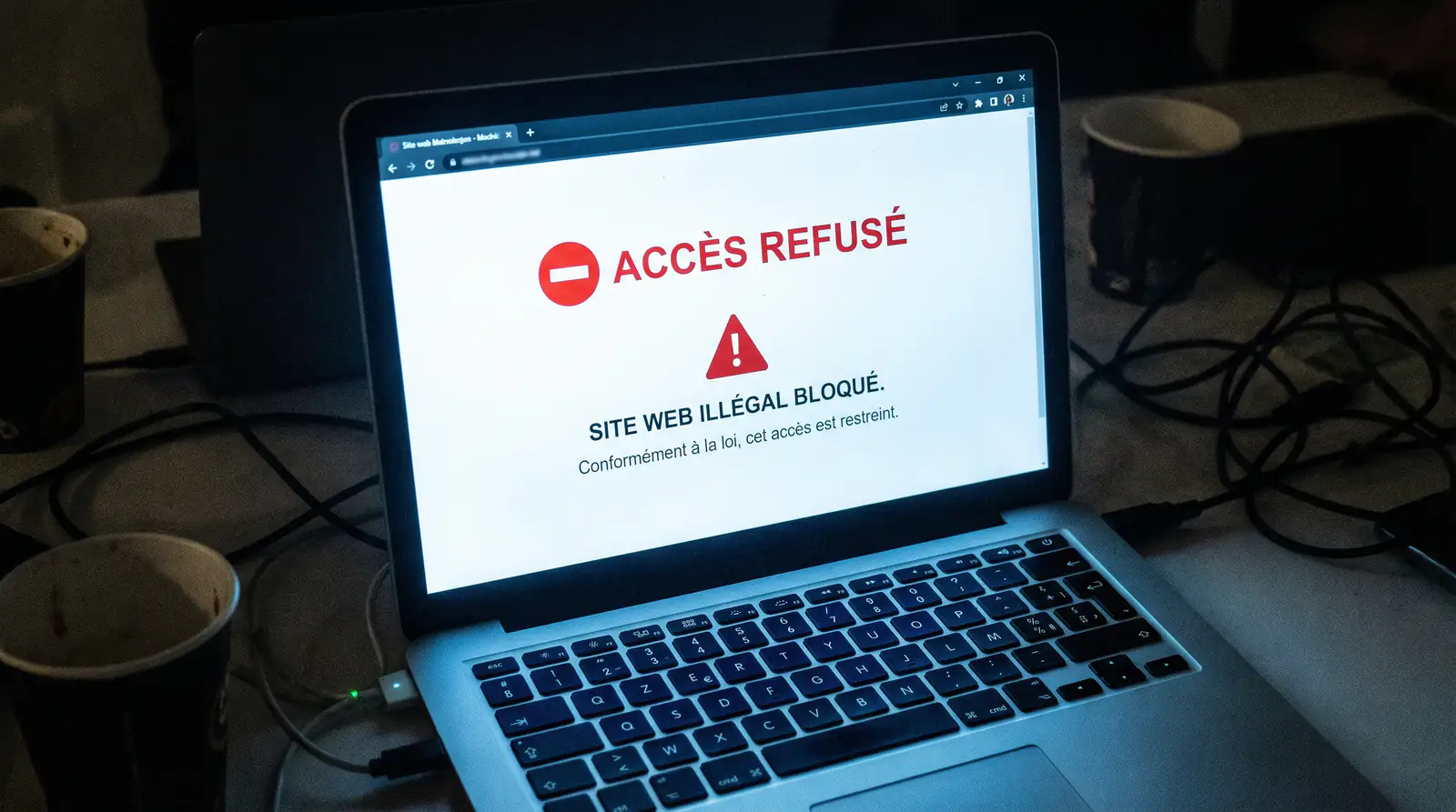 Écran d'ordinateur avec un avertissement de site web bloqué par les autorités françaises