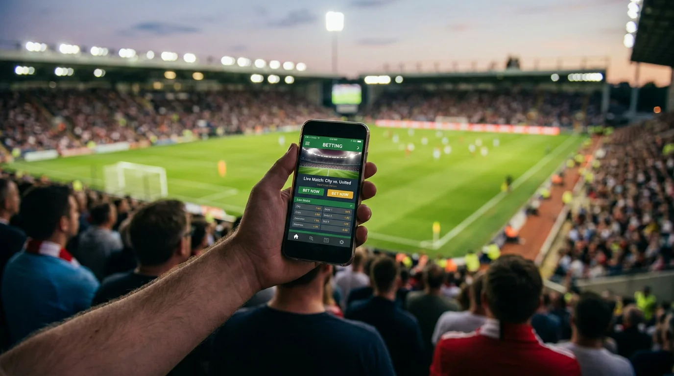Main tenant un smartphone avec une application de paris sportifs ouverte dans un stade de football