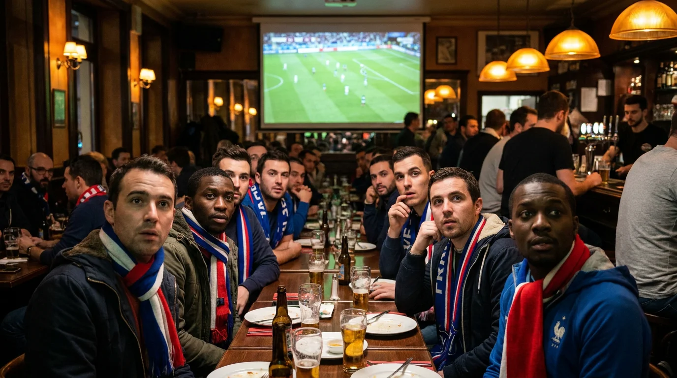 Groupe de supporters français regardant un match de football dans un bar sportif