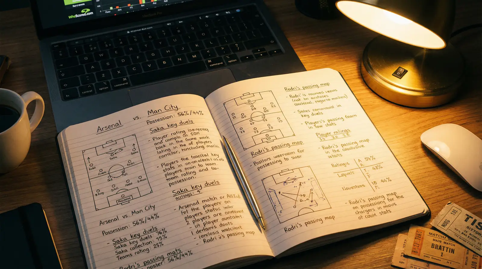 Cahier ouvert avec notes manuscrites d'analyse de match de football et statistiques