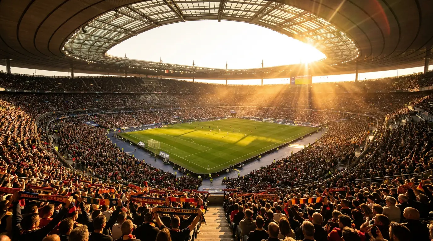 Vue panoramique d'un stade de Ligue 1 rempli pendant un match de soiree