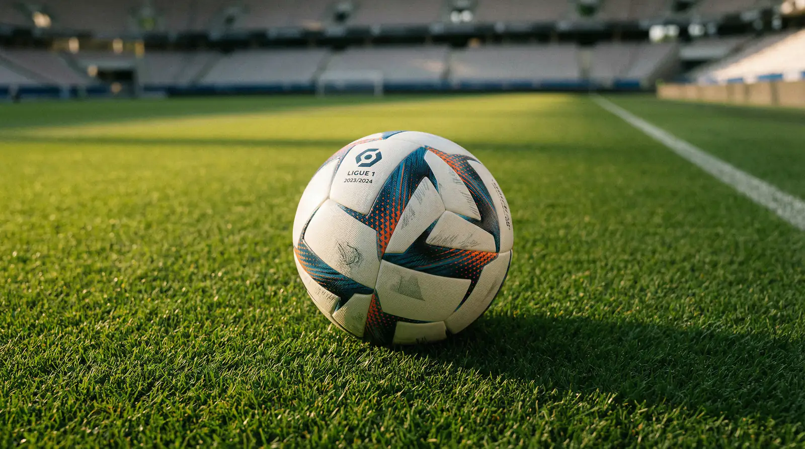 Ballon de football officiel de la Ligue 1 posé sur la pelouse d'un stade vide avec les tribunes en arrière-plan