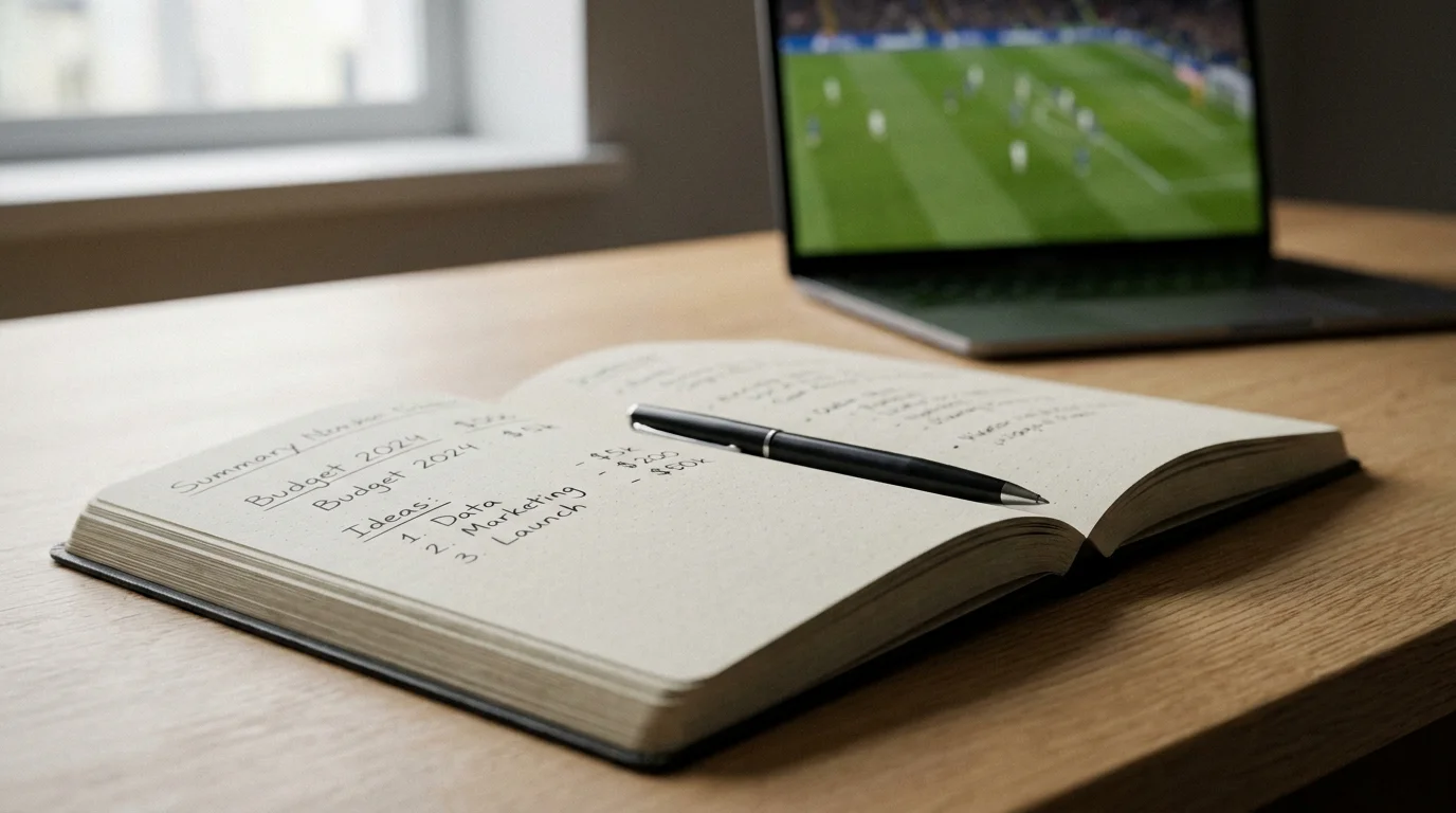 Carnet de notes ouvert sur un bureau avec un stylo posé dessus devant un écran montrant un match de football