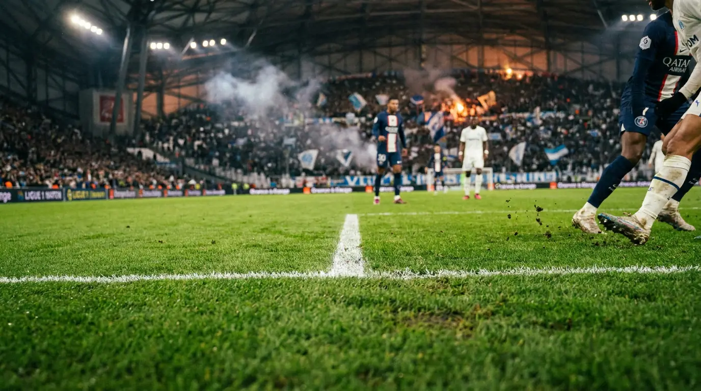 Vue rapprochée d'un terrain de football pendant un match de Ligue 1 avec les lignes blanches du terrain bien visibles